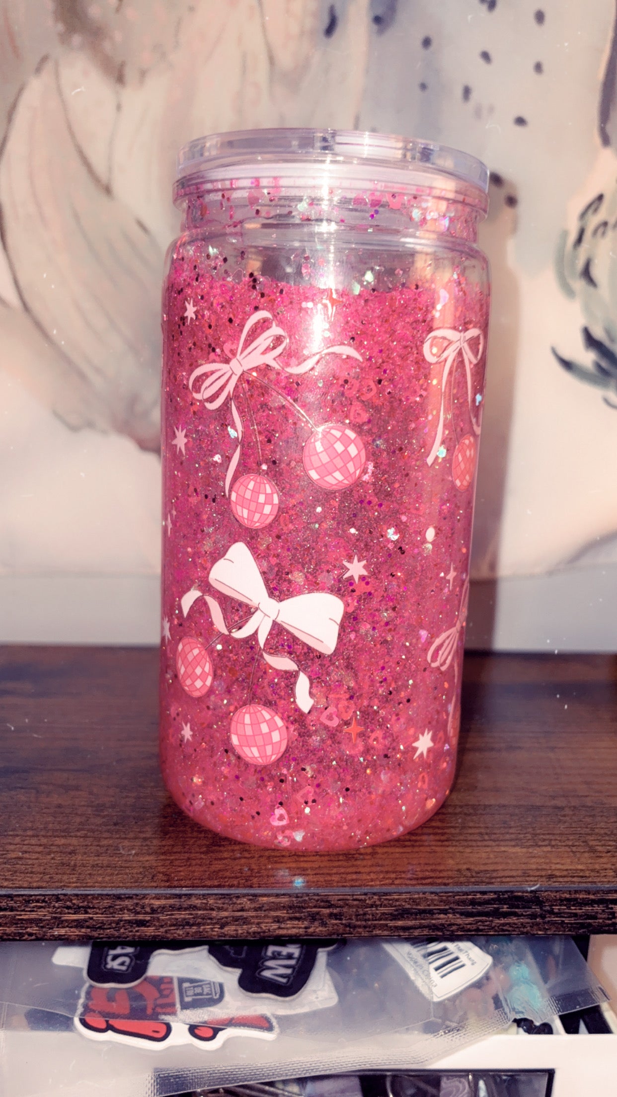 cherry and bow pink snow globe tumbler