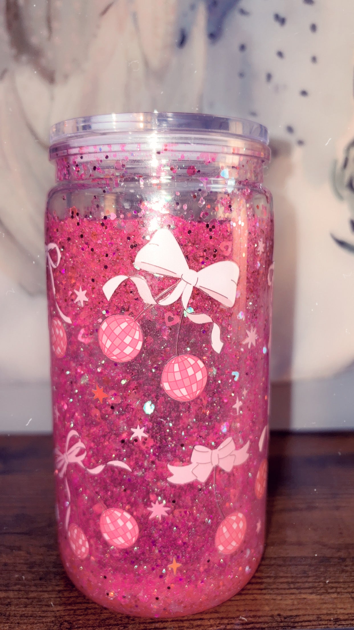 cherry and bow pink snow globe tumbler