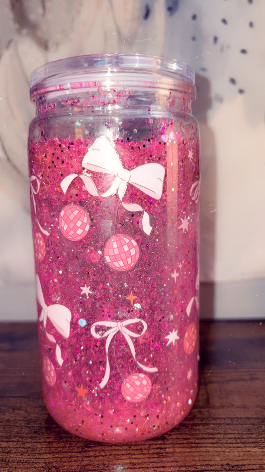 cherry and bow pink snow globe tumbler